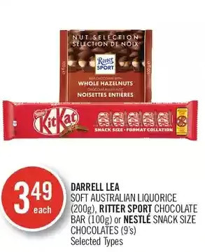 Shoppers Drug Mart Darrell lea soft australian liquorice, ritter sport chocolate bar or nestle snack size chocolates offer