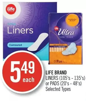 Shoppers Drug Mart Life brand liners or pads offer
