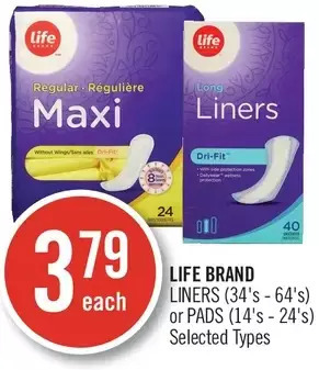 Shoppers Drug Mart Life brand liners or pads offer
