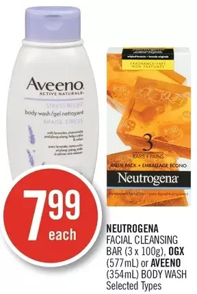 Shoppers Drug Mart Neutrogena facial cleansing bar, ogx or aveeno body wash offer