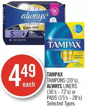 Shoppers Drug Mart Tampax tampons, always liners or pads offer