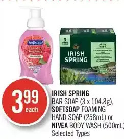Shoppers Drug Mart Irish spring bar soap, softsoap foaming hand soap or nivea body wash offer