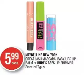 Shoppers Drug Mart Maybelline new york great lash mascara, baby lips lip balm or burt's bees lip shimmer offer