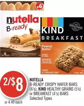 Shoppers Drug Mart Nutella b-ready crispy wafer bars, kind healthy grains or breakfast bars offer