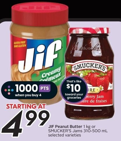 Sobeys JIF Peanut Butter 1 kg or SMUCKER'S Jams 310-500 mL selected varieties offer