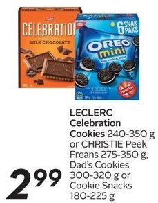Sobeys LECLERC Celebration Cookies 240-350 g or CHRISTIE Peek Freans 275-350 g, Dad's Cookies 300-320 g or Cookie Snacks 180-225 g offer