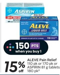 Sobeys ALEVE Pain Relief 110 pk or 170 pk or ASPIRIN 81 g tablets off 180 pkt offer