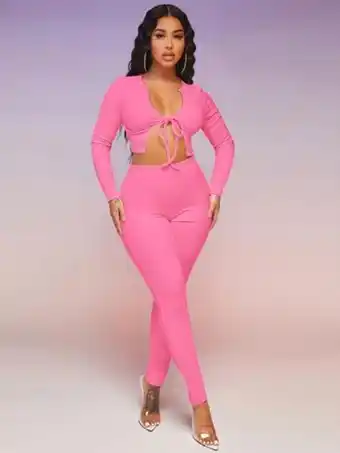 SheIn Shein sxy solid tie front top & leggings offer