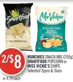 Shoppers Drug Mart Munchies snack mix, smartfood popcorn or miss vickie's chips offer