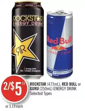 Shoppers Drug Mart Rockstar, red bull or guru energy drink offer