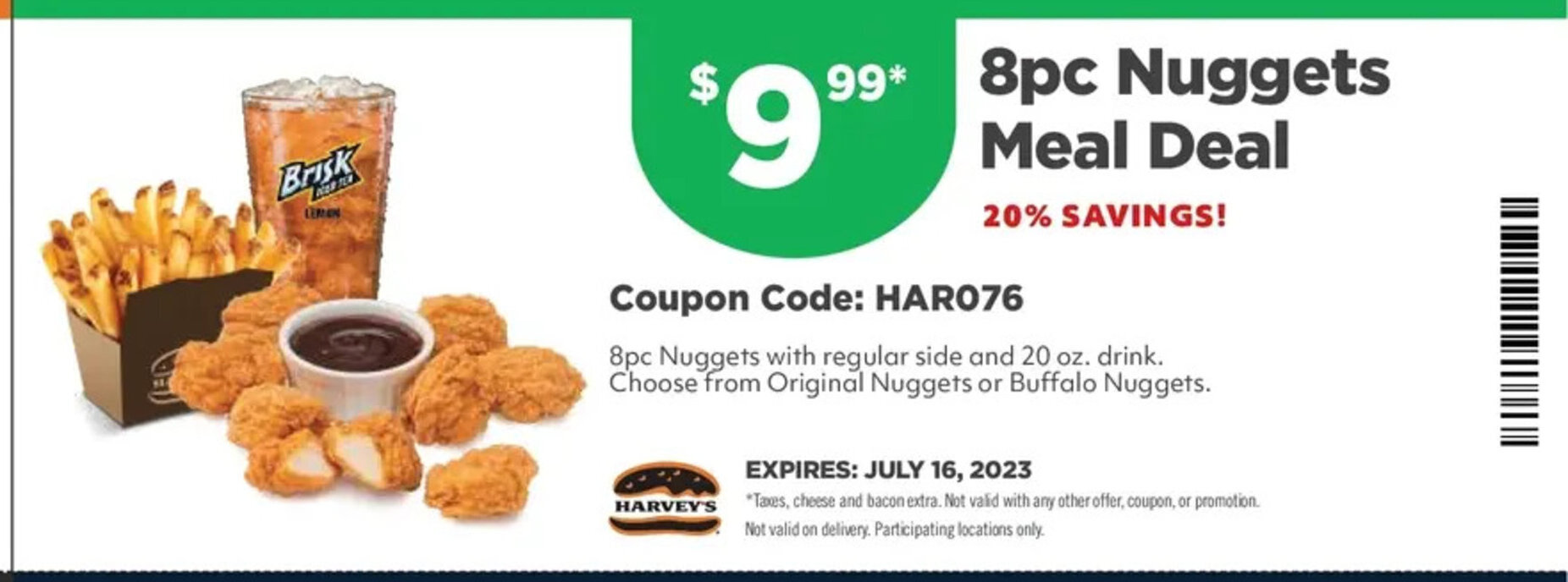 Harvey's 8pc Nuggets Meal Deal Coupon Code: HARO76 offer
