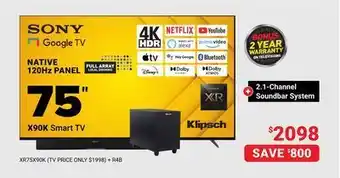 Visions Electronics Sony 75 x90k smart tv + 2.1-channel soundbar system offer