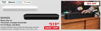 Visions Electronics Sonos beam (gen 2) the smart compact sound bar offer