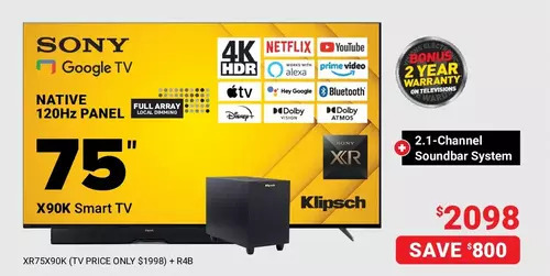 Visions Electronics Sony x90k smart tv 75 + 2.1-channel soundbar system offer