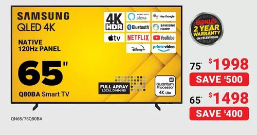 Visions Electronics Samsung qled 4k native 120hz panel 65 q80ba smart tv 65 | 75 offer