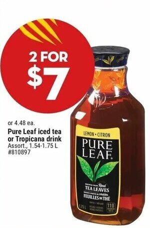 Giant Tiger Pure Leaf iced tea or Tropicana drink Assort., 1.54-1.75 L offer