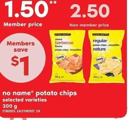 Loblaws no name® potato chips selected varieties 200g offer