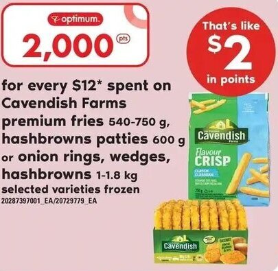 Loblaws Cavendish Farms premium fries 540-750 g, hashbrowns patties 600 g or onion rings, wedges, hashbrowns 1-1.8 kg offer