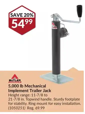 Princess Auto Butler 5,000 lb mechanical implement trailer jack offer
