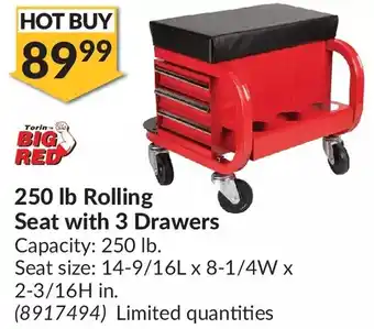 Princess Auto Torin big red 250 lb rolling seat with 3 drawers offer