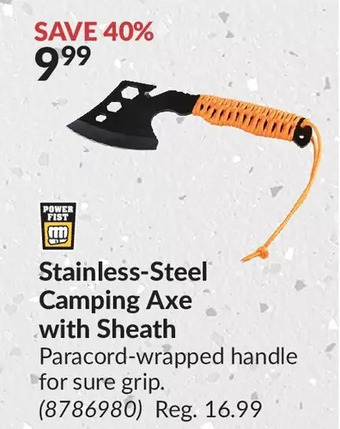 Princess Auto Power fist stainless-steel camping axe with sheath offer