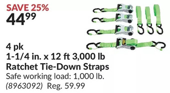 Princess Auto Erickson 4 pk 1-1/4 in. x 12 ft 3,000 lb ratchet tie-down straps offer
