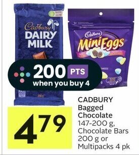 IGA CADBURY Bagged Chocolate 147-200 g, Chocolate Bars 200 g or Multipacks 4 pk offer