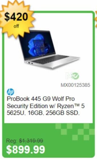 Memory Express hp ProBook 445 G9 Wolf Pro Security Edition w/ Ryzen™ 5 5625U, 16GB, 256GB SSD. offer