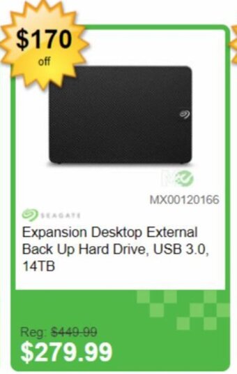 Memory Express EAGATE Expansion Desktop External Back Up Hard Drive, USB 3.0, 14TB offer