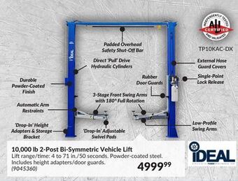 Princess Auto 10,000 lb 2-post bi-symmetric vehicle lift offer