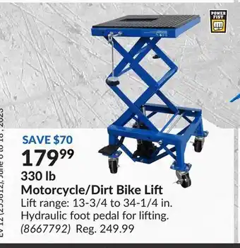 Princess Auto 330 lb motorcycle/dirt bike lift lift range offer