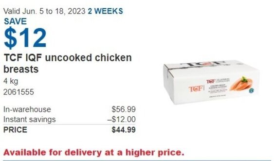 Costco TCF IQF uncooked chicken breasts 4kg offer
