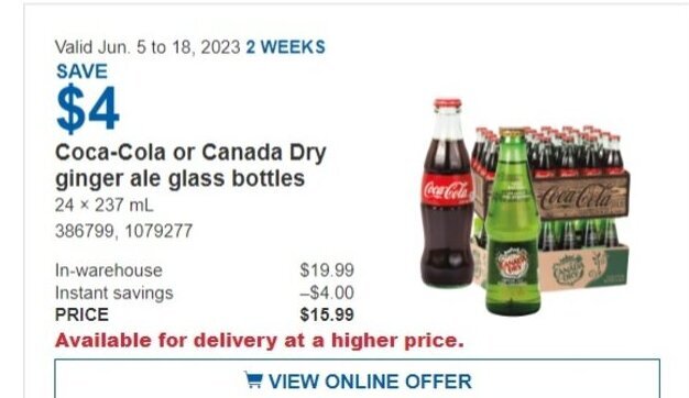 Costco Coca-Cola or Canada Dry ginger ale glass bottles 24 x 237 mL offer