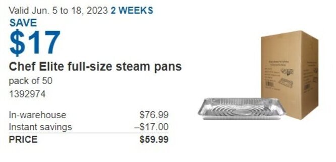 Costco Chef Elite full-size steam pans pack of 50 offer