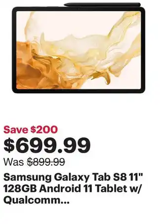 Best Buy Samsung Galaxy Tab S8 11" 128GB Android 11 Tablet w/ Qualcomm offer