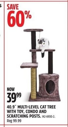 Canadian Tire 40.9" MULTI-LEVEL CAT TREE WITH TOY, CONDO AND SCRATCHING POSTS. offer