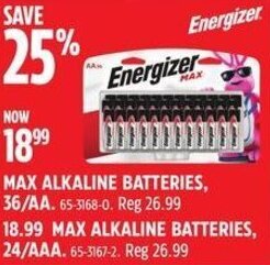 Canadian Tire Energizer MAX ALKALINE BATTERIES, 36/AA. offer