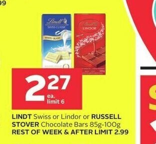 Rexall LINDT Swiss or Lindor or RUSSELL STOVER Chocolate Bars 85g-100g offer