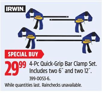 Canadian Tire Irwin 4-pc quick-grip bar clamp set offer