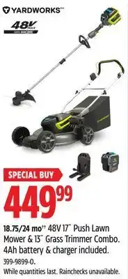 Canadian Tire Yardworks 48v 17 push lawn mower & 13 grass trimmer combo offer