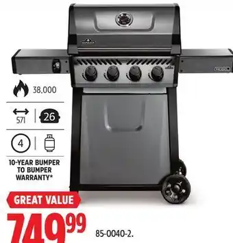 Canadian Tire Napoleon rebel propane gas bbq grill with four burners, graphite grey, folding side shelves, cast iron cooking grids offer