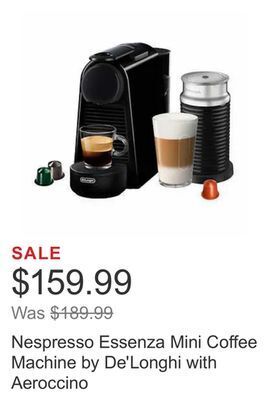 Costco Nespresso essenza mini coffee machine by de'longhi with aeroccino offer