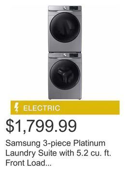 Costco Samsung 3-piece platinum laundry suite with 5.2 cu. ft. front load washer with steam and 7.5 cu. ft. dryer with steam sanitiz offer