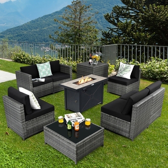 Best Buy Gymax 9 pcs patio rattan furniture set fire pit table storage black w/ cover offer