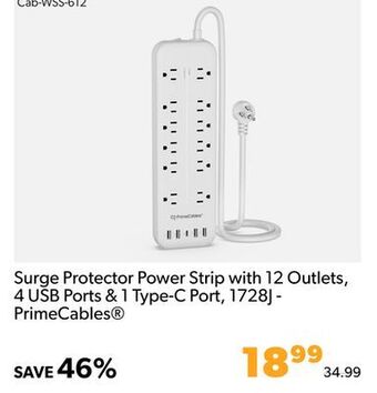 Shopper+ Surge protector power strip with 12 outlets, 4 usb ports & 1 type-c port, 1728j - primecables offer