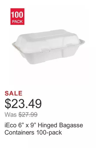 Costco Ieco 6” x 9” hinged bagasse containers 100-pack offer