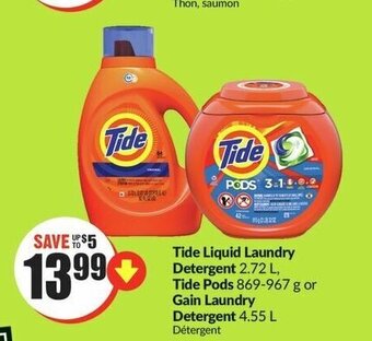 FreshCo Tide Liquid Laundry Detergent 2.72 L, Tide Pods 869-967 g or Gain Laundry Detergent 4.55 L offer
