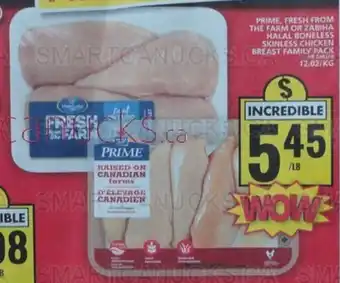 Food Basics PRIME, FRESH FROM THE FARM OR ZABIHA HALAL BONELESS SKINLESS CHICKEN BREAST FAMILY PACK offer