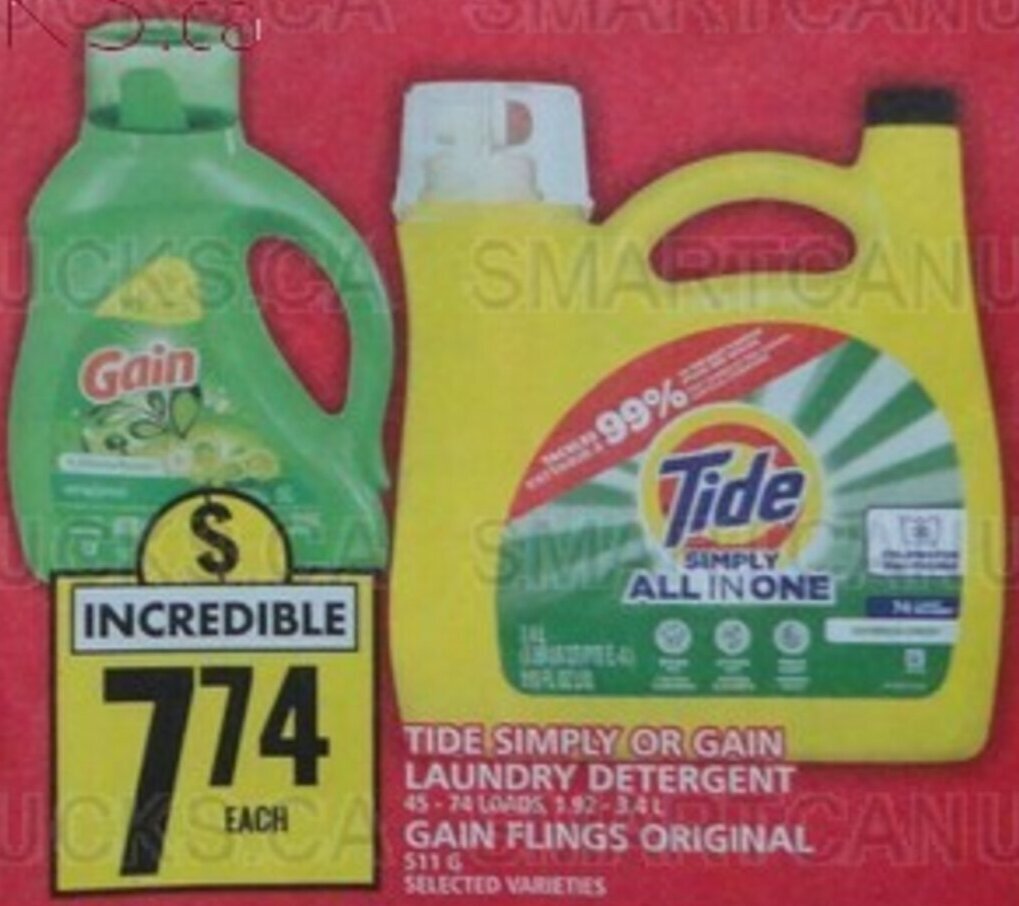 Food Basics TIDE SIMPLY OR GAIN LAUNDRY DETERGENT 45-74 LOADS, 197-34L offer