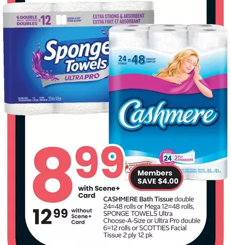 Sobeys Cashmere bath tissue, sponge towels ultra choose-a-size or ultra pro or scotties facial tissue offer